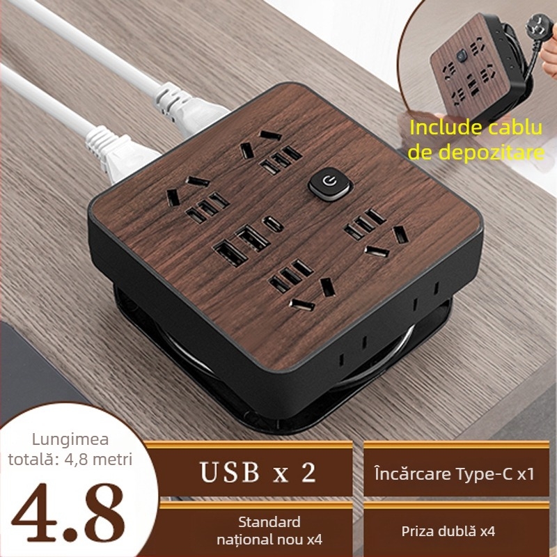 Prelungitor cu aspect lemn pentru uz casnic, prize multiple, 10A, 100–250V, carcasă ABS, conductori din cupru, certificat 3C