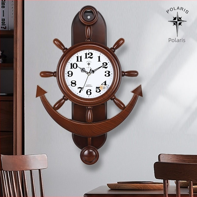 Ceas de perete Polaris Helmsman, design cu volan de vas, pentru living, stil mediteranean, ceas cu pendul quartz silențios