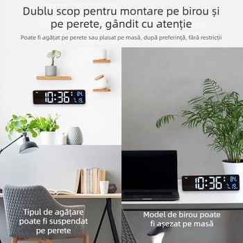 Ceas de perete cu afișaj LED, termometru, umiditate, calendar și alarmă