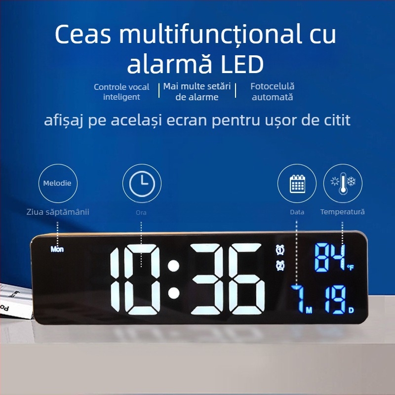 Ceas de perete cu afișaj LED, termometru, umiditate, calendar și alarmă