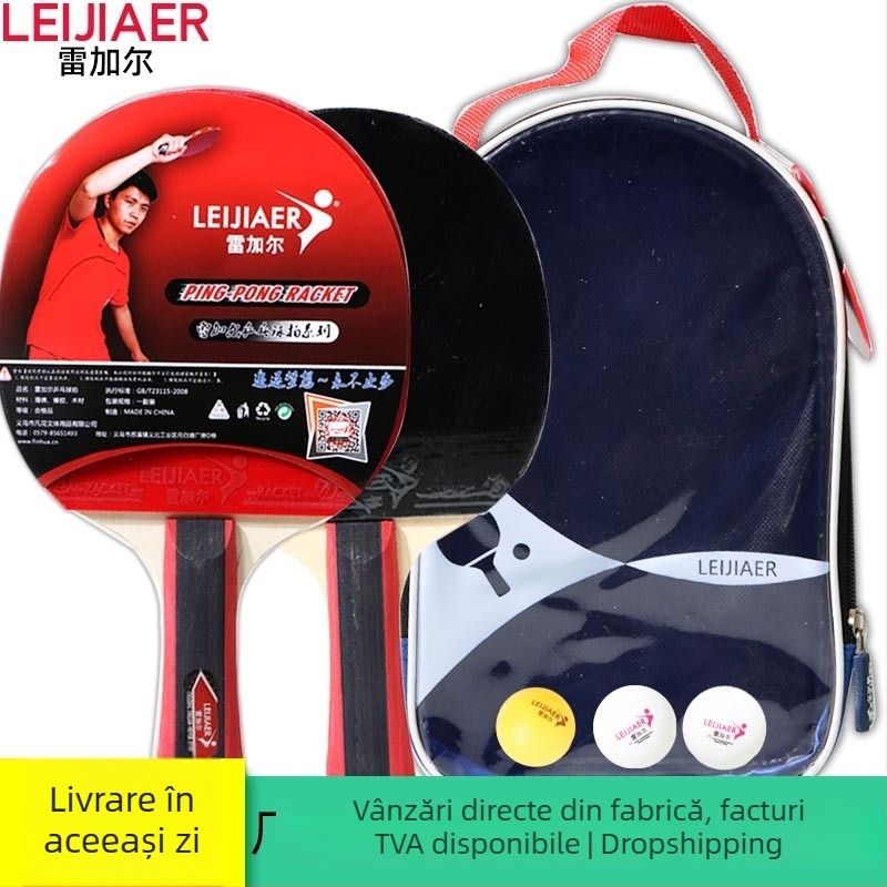 Set de tenis de masă cu husă – gumă inversă pe ambele fețe, bază din poplar, include două rachete și trei mingi (Model 1219)