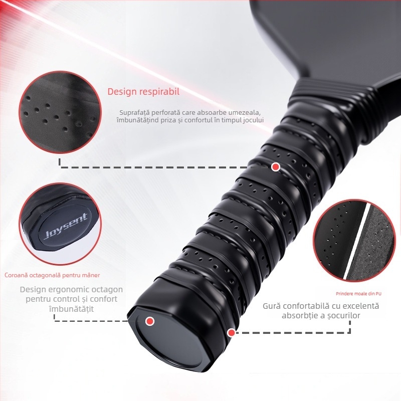 Paletă pickleball: corp din fibră de carbon; 230±5 g; suprafața: T700 frosted; fabricație: presare rece/încălzită integrată; material personalizabil: fibră de sticlă/fibră de carbon.