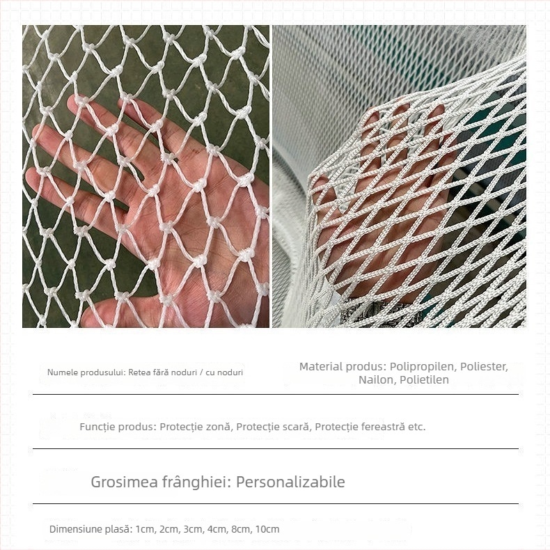 Plasă de protecție pentru spații sportive, fără noduri, personalizabilă, din poliester, nailon și polipropilenă, pentru protecție și delimitare