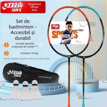 Set DHS badminton racket, model E-EG402, 2 bucăți, cadru din fibră de carbon, include 3 nylon shuttlecocks