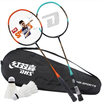 Set DHS badminton racket, model E-EG402, 2 bucăți, cadru din fibră de carbon, include 3 nylon shuttlecocks