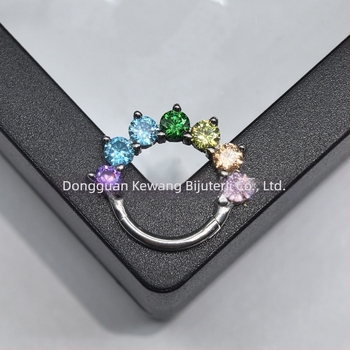 Inel nazal din oțel titan 316L cu zircon curcubeu 5A, montură încrustată, formă U, compatibil cu piercing daith și septum