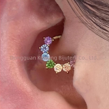 Inel nazal din oțel titan 316L cu zircon curcubeu 5A, montură încrustată, formă U, compatibil cu piercing daith și septum