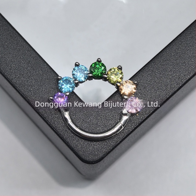 Inel nazal din oțel titan 316L cu zircon curcubeu 5A, montură încrustată, formă U, compatibil cu piercing daith și septum