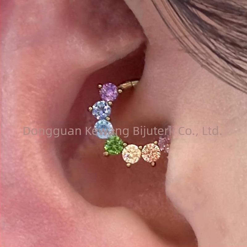 Inel nazal din oțel titan 316L cu zircon curcubeu 5A, montură încrustată, formă U, compatibil cu piercing daith și septum