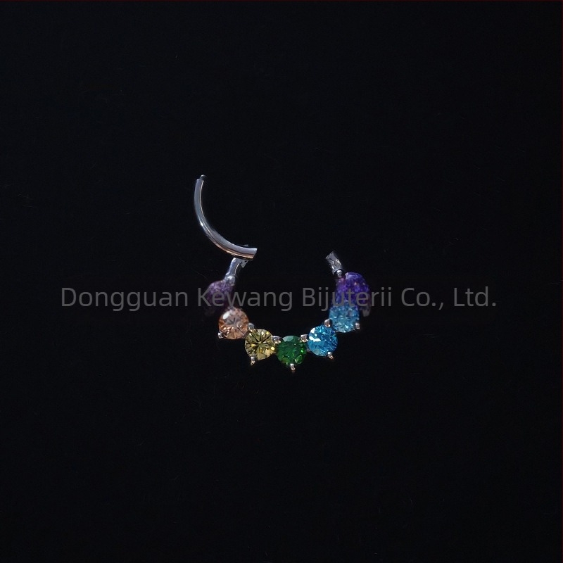 Inel nazal din oțel titan 316L cu zircon curcubeu 5A, montură încrustată, formă U, compatibil cu piercing daith și septum