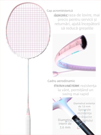 Paletă badminton – fibră de carbon completă, echilibru ultraușor, 75–79 g, lovire directă, pentru adulți