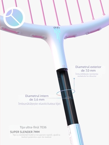 Paletă badminton – fibră de carbon completă, echilibru ultraușor, 75–79 g, lovire directă, pentru adulți