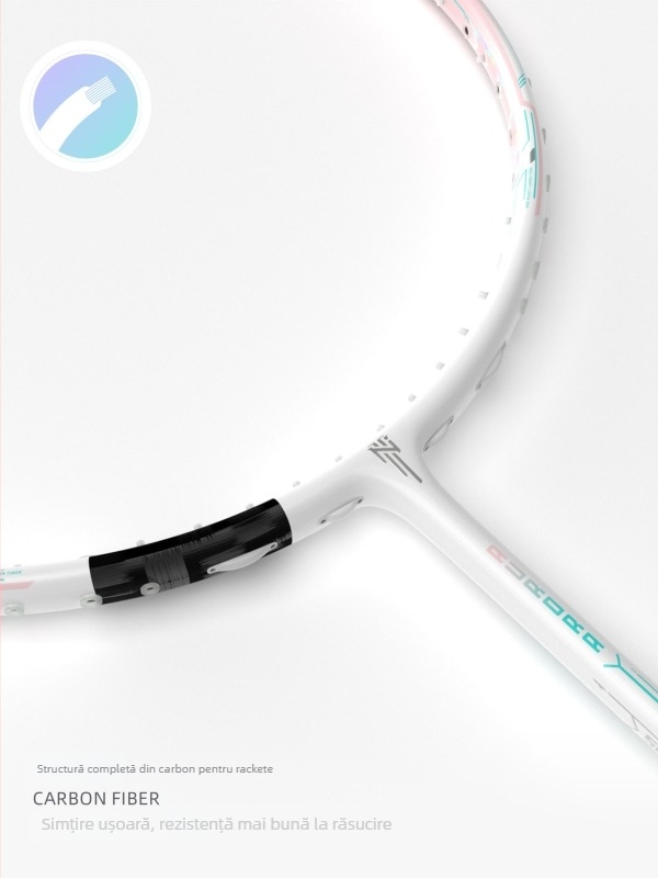Paletă badminton – fibră de carbon completă, echilibru ultraușor, 75–79 g, lovire directă, pentru adulți