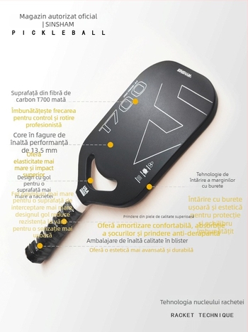 Paletă pickleball SINSHAM T700 din fibră de carbon, finisaj mat prin presare la cald, decupaj, 215 g, personalizabilă
