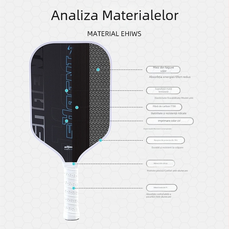 Paletă pickleball T700 din fibră de carbon, cu nucleu fagure pentru exterior