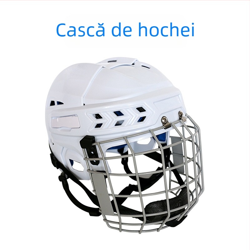 Cască de hochei – PP + EVA + oțel carbon; Cod produs: T1; OEM disponibil; Impresiere logo: posibil; Sporturi aplicabile: hochei, sporturi pe gheață și zăpadă, alte jocuri cu mingi