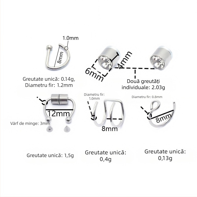 Clip magnetic pentru nas din oțel inoxidabil, inel nazal perforat, nasture nazal D, clip magnetic pentru urechi – set DIY 18 bucăți, unisex, placare electroplatinată