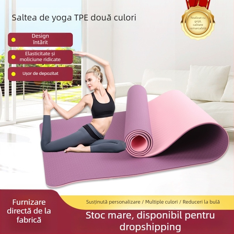 Covoraș de yoga din TPE, cu două fețe antiderapante, fără miros, 6–8 mm, 600–800 g, pentru alergare și fitness