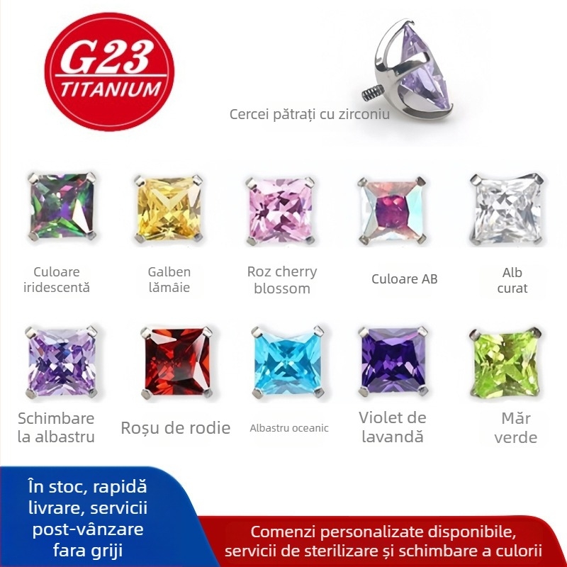 Bijuterii pentru piercing, zircon pătrat 5A, zircon încrustat, aliaj titan ASTM F136