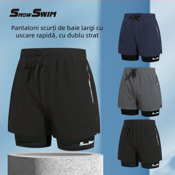 Șorturi de înot bărbătești cu dublu strat, stil boxer, uscare rapidă, culoare solidă, poliester