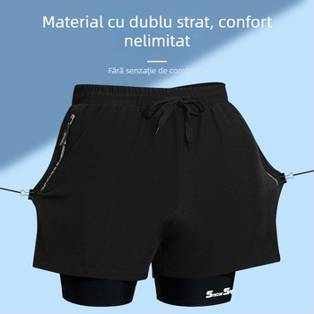 Șorturi de înot bărbătești cu dublu strat, stil boxer, uscare rapidă, culoare solidă, poliester
