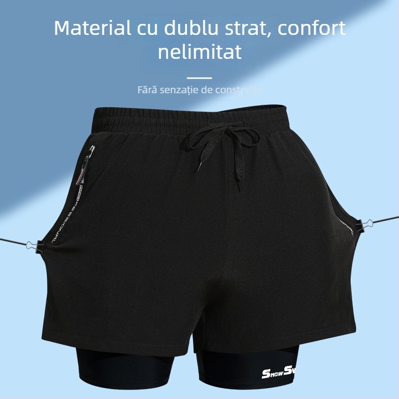 Șorturi de înot bărbătești cu dublu strat, stil boxer, uscare rapidă, culoare solidă, poliester