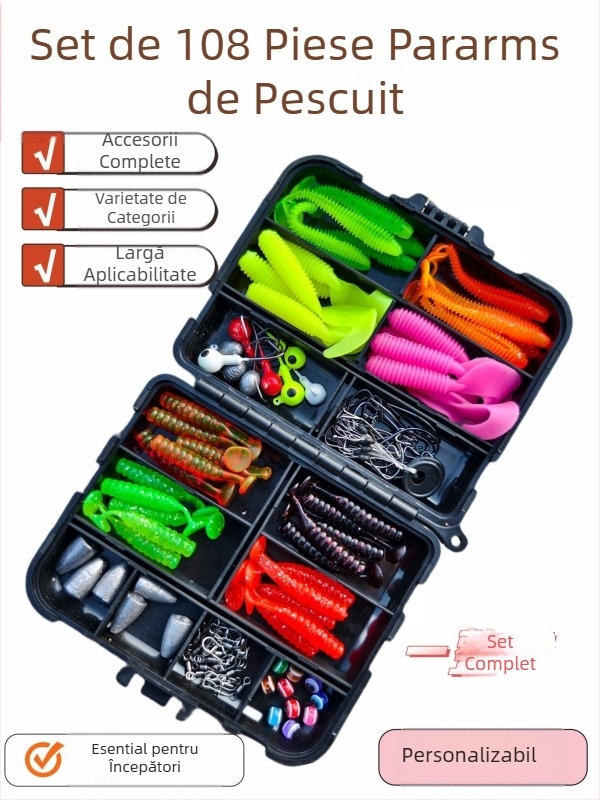 Kit de pescuit cu 108 piese, pentru începători, cu năluci moi, cu cârlige crank și componente Texas rig