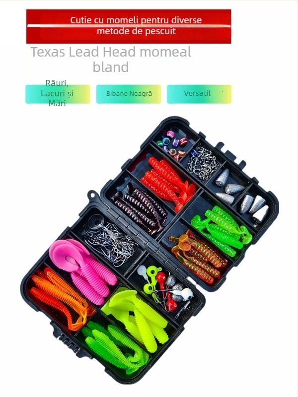 Kit de pescuit cu 108 piese, pentru începători, cu năluci moi, cu cârlige crank și componente Texas rig