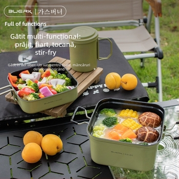BUERK BG-D01 Set camping din oțel inoxidabil – oală pătrată pliabilă și tigaie, 0.43 kg, pentru 2 persoane