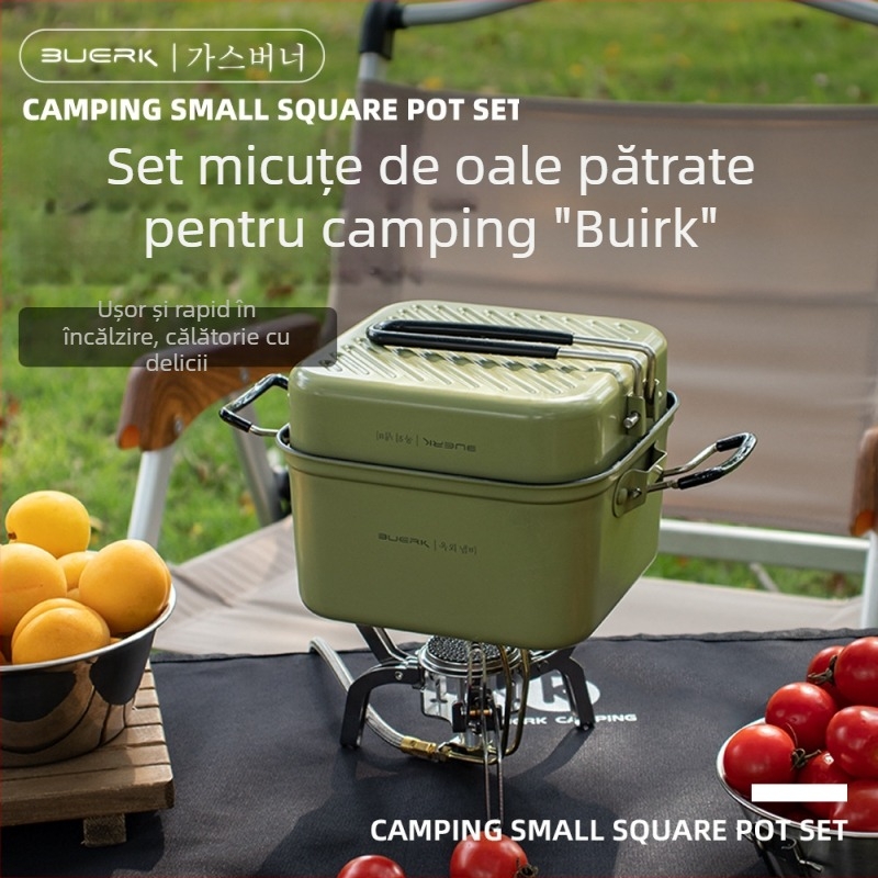 BUERK BG-D01 Set camping din oțel inoxidabil – oală pătrată pliabilă și tigaie, 0.43 kg, pentru 2 persoane