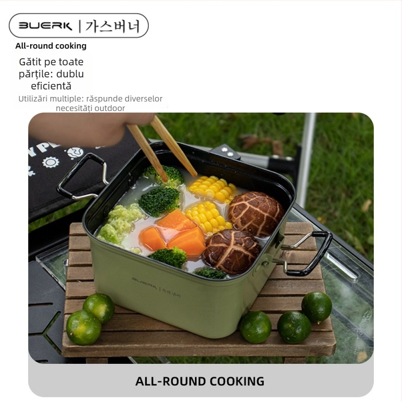 BUERK BG-D01 Set camping din oțel inoxidabil – oală pătrată pliabilă și tigaie, 0.43 kg, pentru 2 persoane