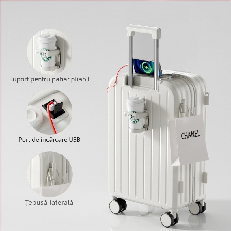 Valiză ABS/PC cu deschidere cu fermoar, ultra-ușoară, rezistentă la uzură, anti-furt, potrivită pentru avion, roți universale, greutate 2,8 kg.