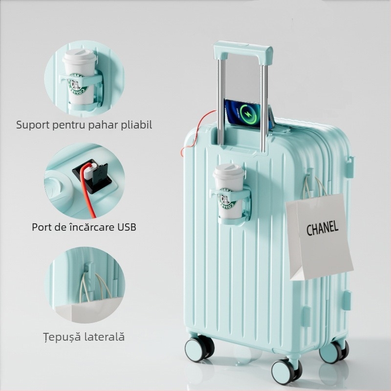 Valiză ABS/PC cu deschidere cu fermoar, ultra-ușoară, rezistentă la uzură, anti-furt, potrivită pentru avion, roți universale, greutate 2,8 kg.