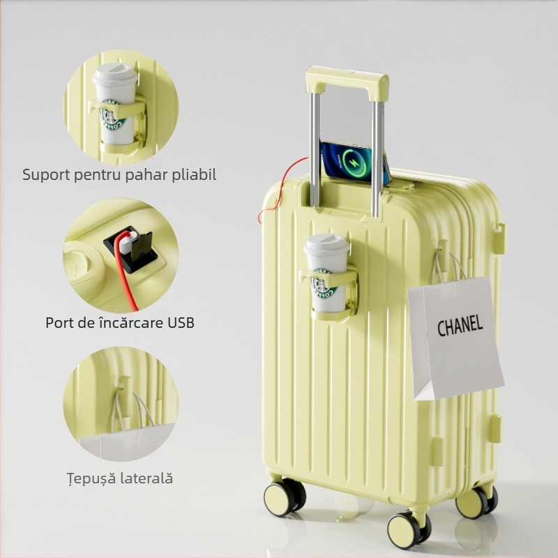 Valiză ABS/PC cu deschidere cu fermoar, ultra-ușoară, rezistentă la uzură, anti-furt, potrivită pentru avion, roți universale, greutate 2,8 kg.