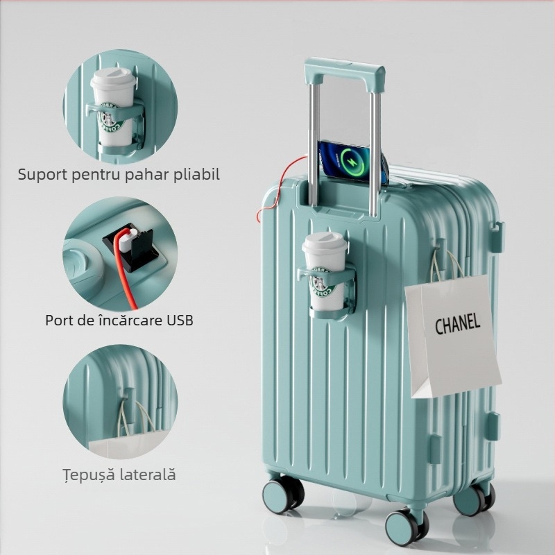Valiză ABS/PC cu deschidere cu fermoar, ultra-ușoară, rezistentă la uzură, anti-furt, potrivită pentru avion, roți universale, greutate 2,8 kg.
