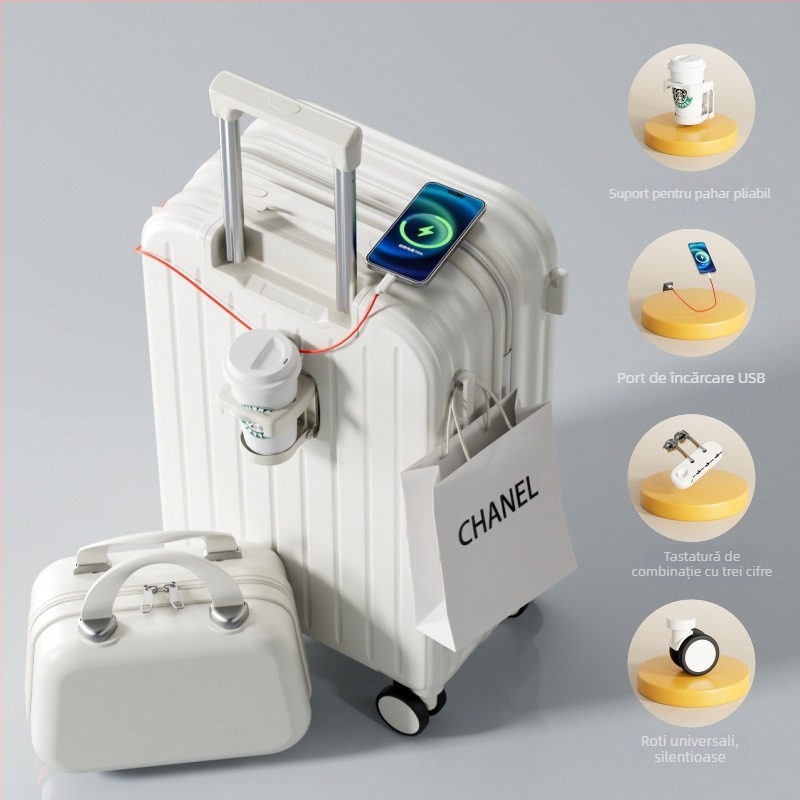 Valiză ABS/PC cu deschidere cu fermoar, ultra-ușoară, rezistentă la uzură, anti-furt, potrivită pentru avion, roți universale, greutate 2,8 kg.