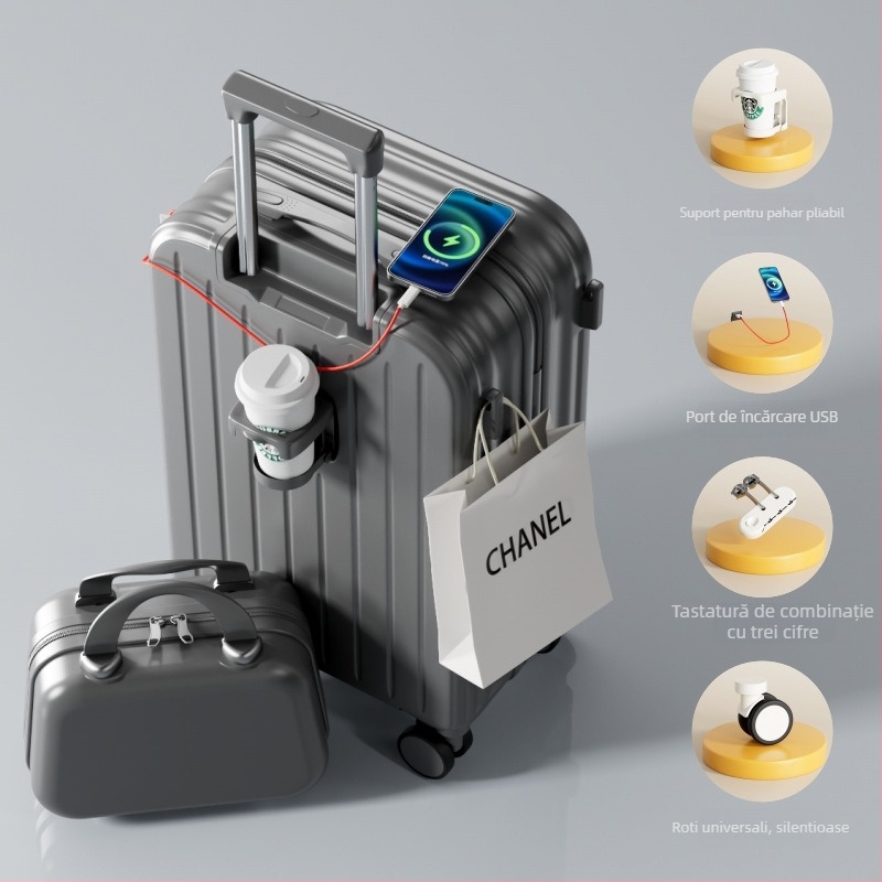Valiză ABS/PC cu deschidere cu fermoar, ultra-ușoară, rezistentă la uzură, anti-furt, potrivită pentru avion, roți universale, greutate 2,8 kg.