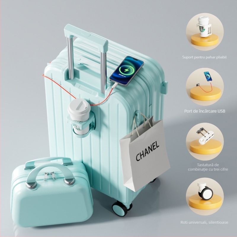 Valiză ABS/PC cu deschidere cu fermoar, ultra-ușoară, rezistentă la uzură, anti-furt, potrivită pentru avion, roți universale, greutate 2,8 kg.
