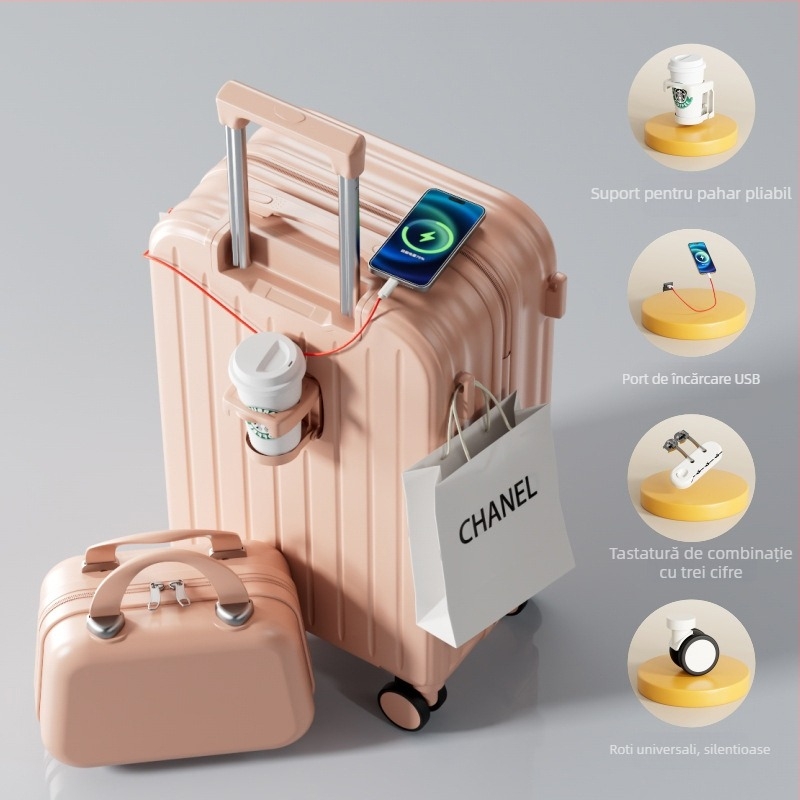 Valiză ABS/PC cu deschidere cu fermoar, ultra-ușoară, rezistentă la uzură, anti-furt, potrivită pentru avion, roți universale, greutate 2,8 kg.