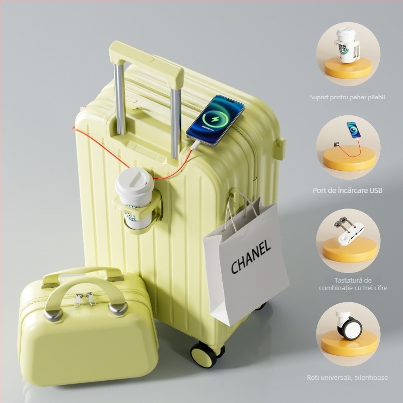 Valiză ABS/PC cu deschidere cu fermoar, ultra-ușoară, rezistentă la uzură, anti-furt, potrivită pentru avion, roți universale, greutate 2,8 kg.