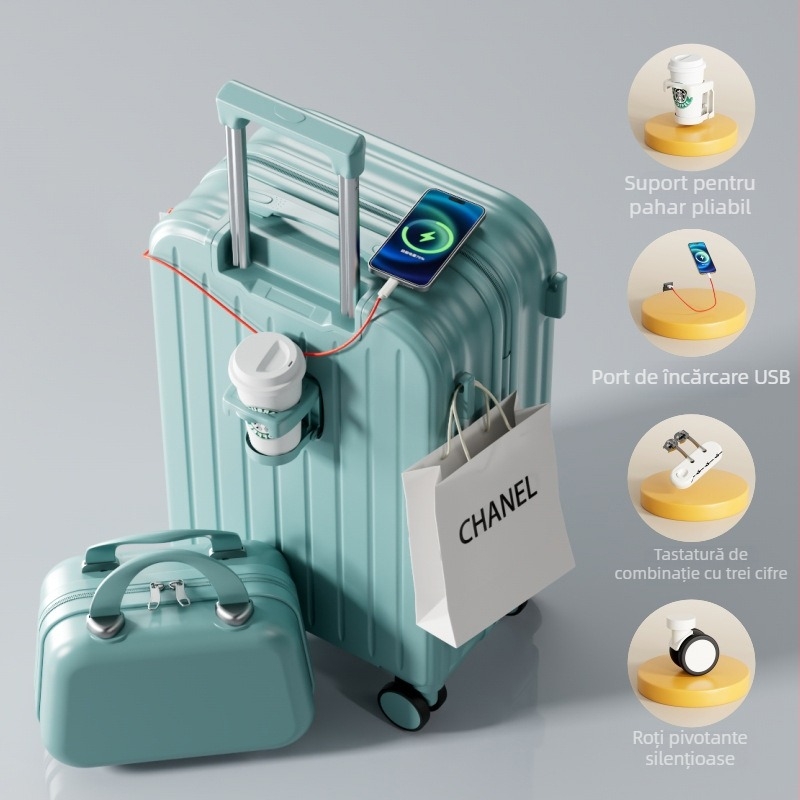 Valiză ABS/PC cu deschidere cu fermoar, ultra-ușoară, rezistentă la uzură, anti-furt, potrivită pentru avion, roți universale, greutate 2,8 kg.