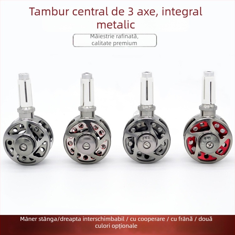 Model 40/50, 3 axe, mulinetă de pescuit din metal integral, modificată manual, tambur cu trecere centrală, canelură în formă de V, curea bi-coloară