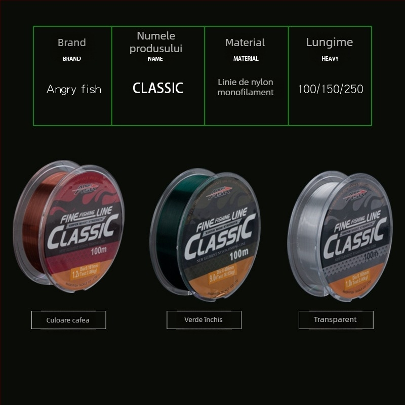Linie de pescuit din nylon monofilament, transparentă, lungime 150 m sau 100 m, rezistență 20–220 lb