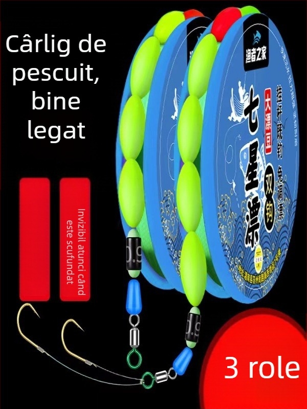 Set de linie plutitoare cu cârlige duble și șapte stele – fără reglaj, sensibilitate înaltă; Material: nailon; Lungime: 2.7–5.4 m; Potrivit pentru pâuri, iazuri, lacuri