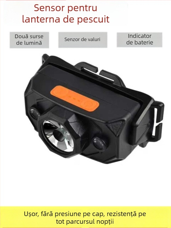 Frontala LED pentru pescuit, pe cap, impermeabilă, reîncărcabilă Type-C, rază de 200 m, autonomie 10–60 h