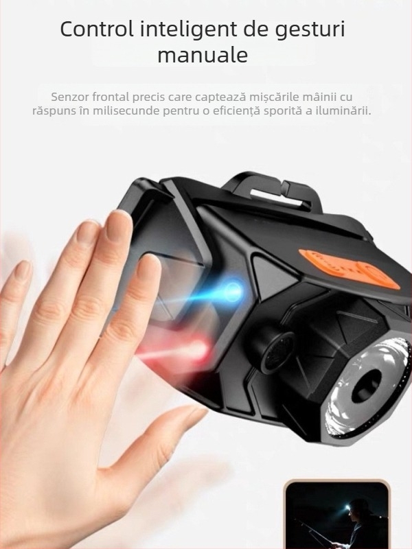 Frontala LED pentru pescuit, pe cap, impermeabilă, reîncărcabilă Type-C, rază de 200 m, autonomie 10–60 h