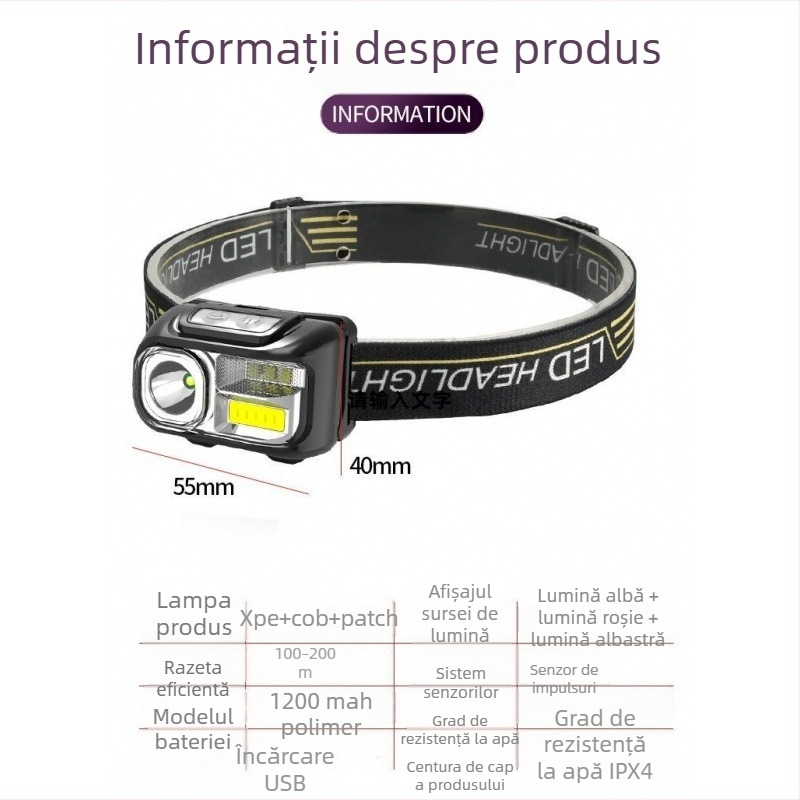 Lampa frontală LED cu încărcare USB, 10W, 1200mAh, rază 100–200 m