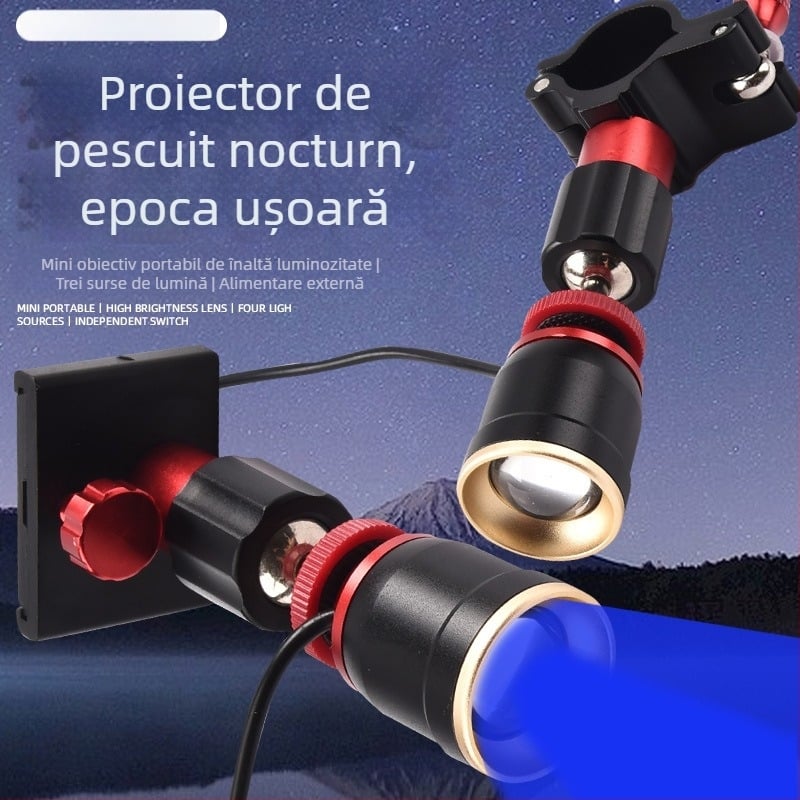 Lampă de pescuit din aliaj de aluminiu, zoom reglabil, lumină albastru-galbenă, bec + LED, alimentare externă, rază 100–200 m