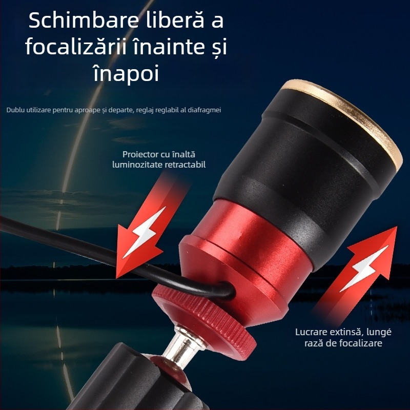 Lampă de pescuit din aliaj de aluminiu, zoom reglabil, lumină albastru-galbenă, bec + LED, alimentare externă, rază 100–200 m