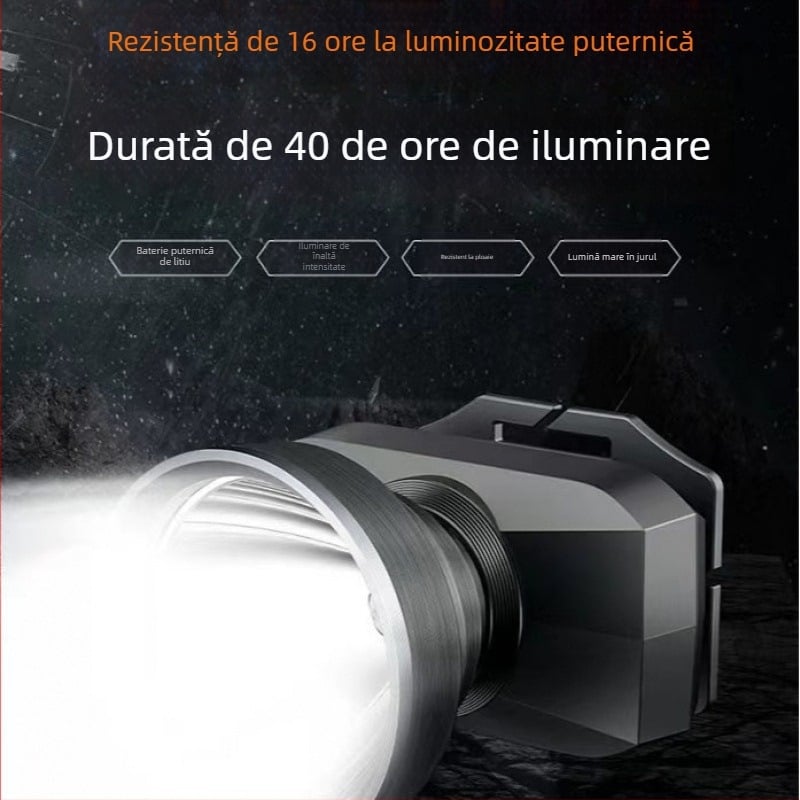 Faur frontal reîncărcabil pentru pescuit de noapte – LED, 5W, baterie 4500mAh, montat pe cap, încărcare manuală, rază peste 500 m